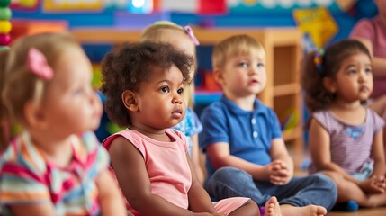 Obraz premium Preschool children learning in classroom, diverse kindergarten kids listening to teacher, education concept