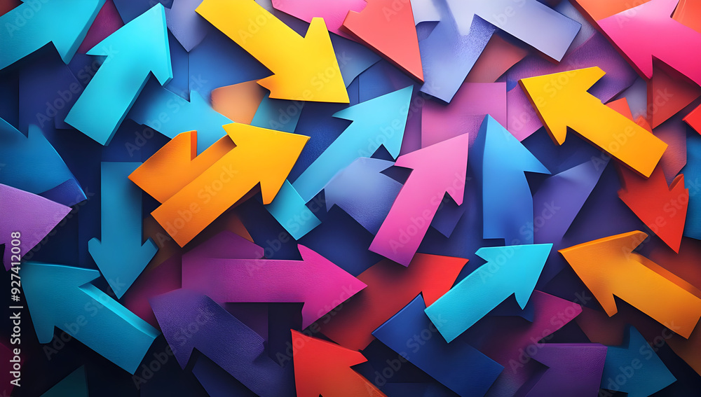 Poster colorful arrows pointing in various directions create a vibrant backdrop for concepts of movement, d