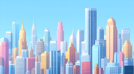 Colorful city skyline under a bright blue sky, showcasing modern architecture and a vibrant urban atmosphere.