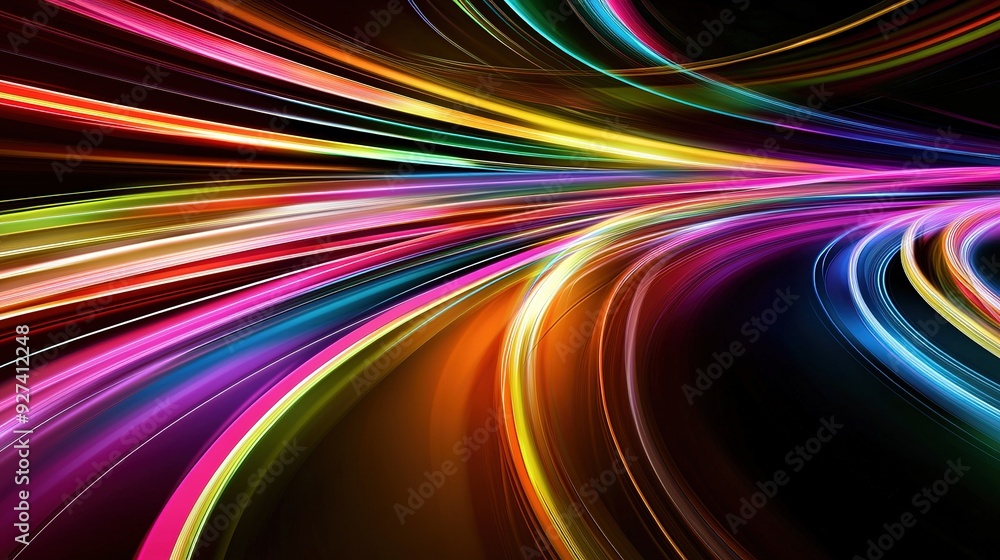 Poster vibrant streaks of light swirl in colorful patterns against a dark background during a late evening 