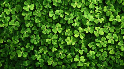 A vibrant background of green four-leaf clovers, symbolizing luck and St. Patrick Day, with the shamrocks filling the entire frame