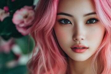 Fototapeta premium Portrait of Beautiful Asian Woman With Pink Hair and Soft Makeup Surrounded by Flowers