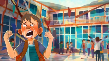 Sad school boy crying after being bullied in school playground, emotional trauma bullying concept, abstract illustration