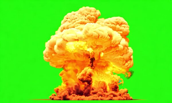Nuclear atomic bomb explosion VFX with smoke, fire and mushroom cloud, isolated on green screen chroma key background