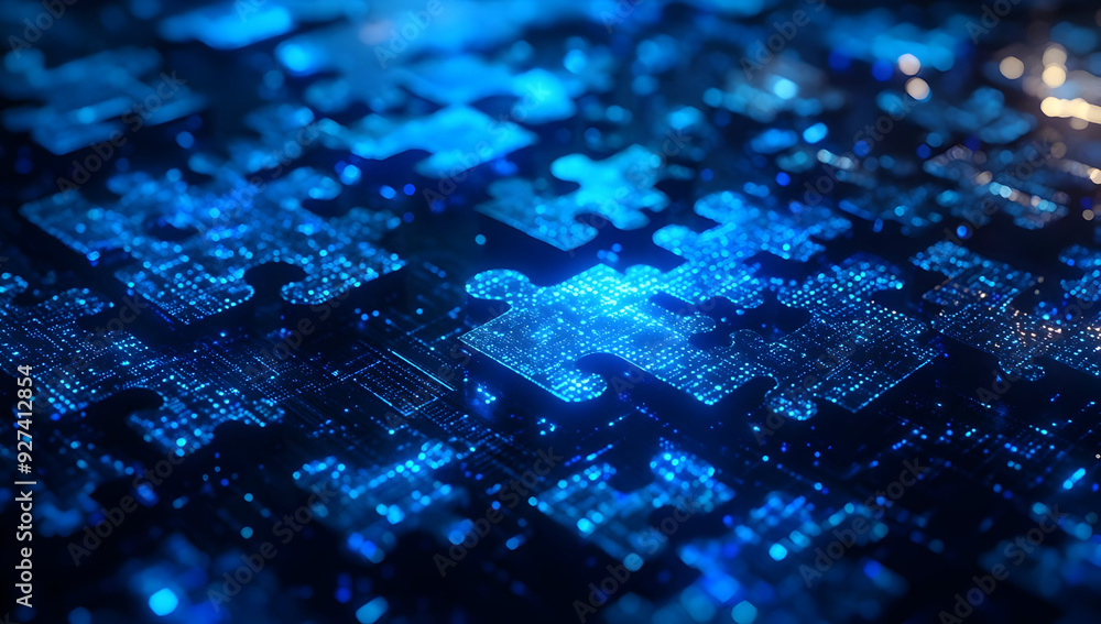 Poster intricate digital puzzle pieces illuminated in blue, representing data connectivity and technology i
