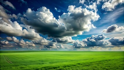 Obraz premium Dark green fields under a sky dotted with fluffy clouds, landscape, nature, countryside, serene, rural, agriculture, peaceful
