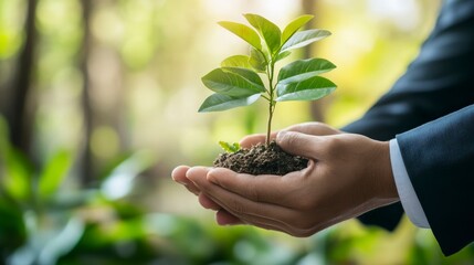 A man's hand holding a small sapling with soil, representing growth, care, and nurture, against a blurry green background.