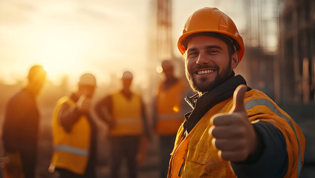 Smiling construction worker giving thumbs up at sunset on a job site, showcasing teamwork and safety in the industry.