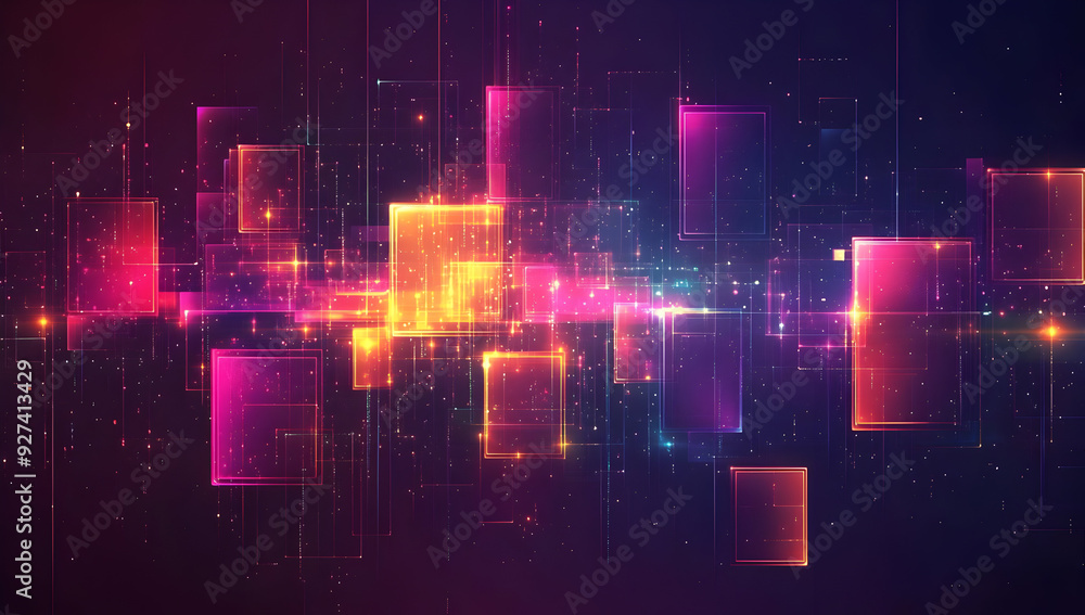 Poster vibrant abstract pattern showcasing colorful squares and glowing lines, perfect for modern digital d