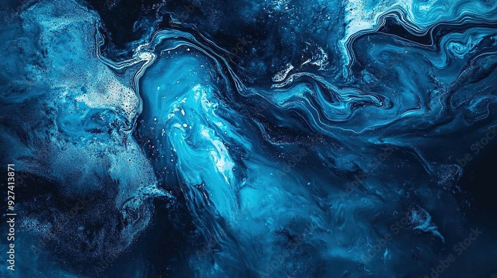 Poster swirling blue abstract patterns resembling ocean waves captured in deep tones under soft light