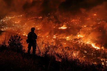 Obraz premium Firefighter Observing Wildfire in California
