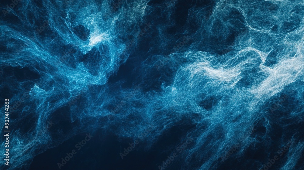 Poster blue wisps of swirling smoke or mist against a dark background, creating an ethereal and abstract co