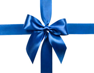 Blue Ribbon with Bow on a white isolated background. Generative AI.