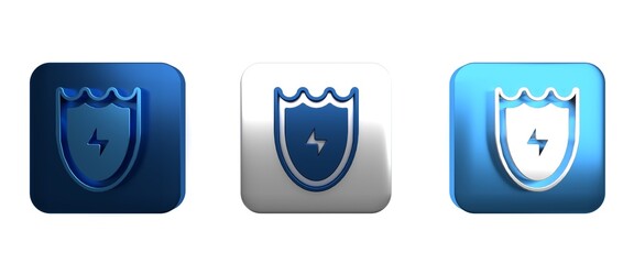 Colorful Lightning and shield icon isolated on white background. High voltage shield. Safe energy. Square button. 3D render illustration