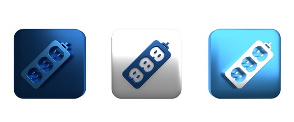 Colorful Electric extension cord icon isolated on white background. Power plug socket. Square button. 3D render illustration