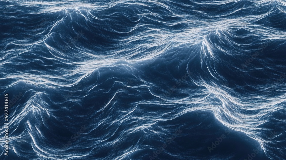 Poster gentle waves create a serene pattern on the ocean's surface at dusk, reflecting soft light and movem