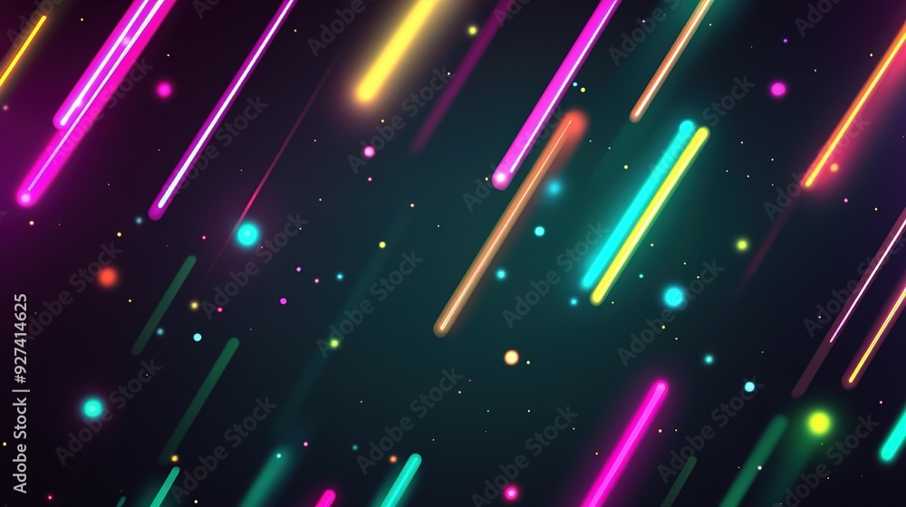 Poster colorful light streaks and glowing dots on a dark background create a vibrant abstract design