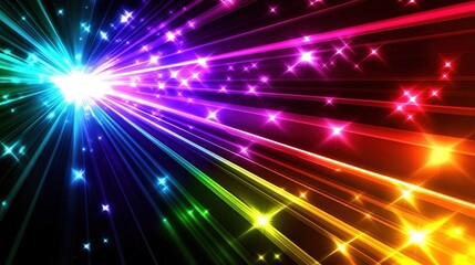 Naklejka premium Colorful rays of light burst from a central point in a dark background