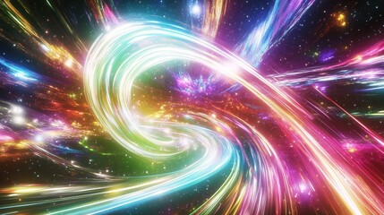 Colorful swirling light patterns create a cosmic tunnel effect filled with stars and vibrant colors