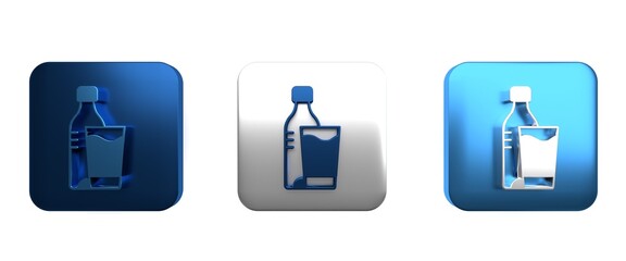 Colorful Bottle of water with glass icon isolated on white background. Soda aqua drink sign. Square button. 3D render illustration