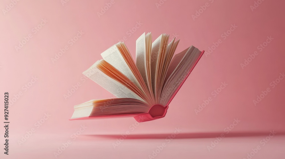 Poster an open book with pages turning in the air, isolated on a one-color background, symbolizing the move