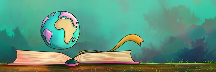 Atlas globe resting on open book representing worldwide education celebrating International Literacy Day, World Book Day, copy space banner illustration