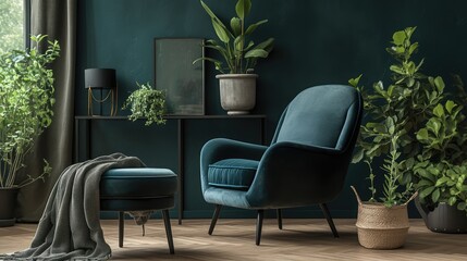 In the living room, an armchair with a pouf and plants 