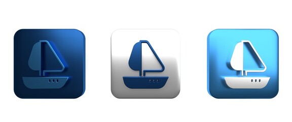 Colorful Yacht sailboat or sailing ship icon isolated on white background. Sail boat marine cruise travel. Square button. 3D render illustration