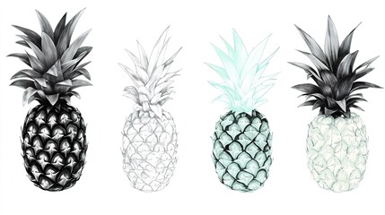 Artistic representation of four pineapples in varying styles and shades at a central location
