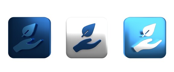 Colorful Hand hold a leaf of the plant icon isolated on white background. Care nature. Leaf shoots with environmental protection. Square button. 3D render illustration