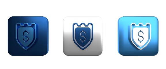 Colorful Shield with dollar symbol icon isolated on white background. Security shield protection. Money security concept. Square button. 3D render illustration