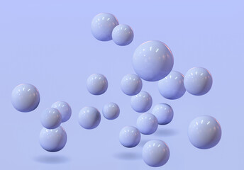 Geometric 3d rendering purple spheres realistic backdrop Suspended balls, abstract elegant background balls or particles 3D image rendering
