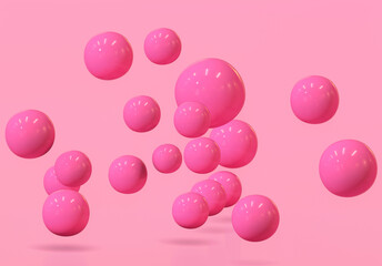 Geometric 3d rendering spheres realistic pink backdrop Suspended balls, abstract elegant background balls or particles 3D image rendering