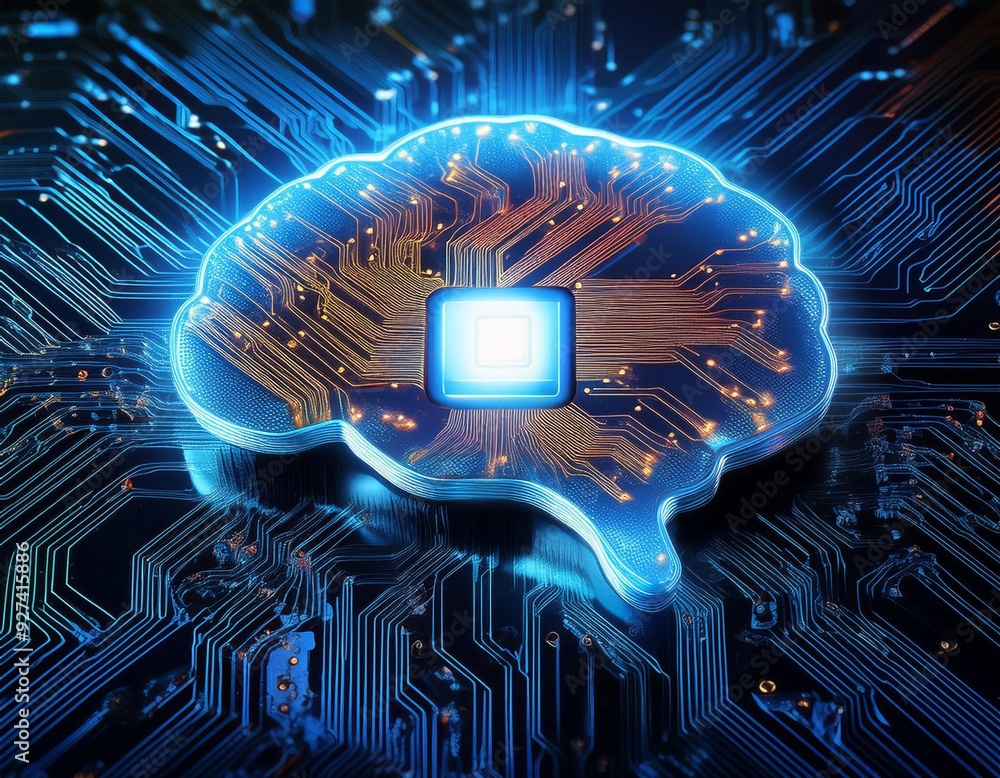 Poster intricate circuit board with illuminated brain symbol representing artificial intelligence technolog