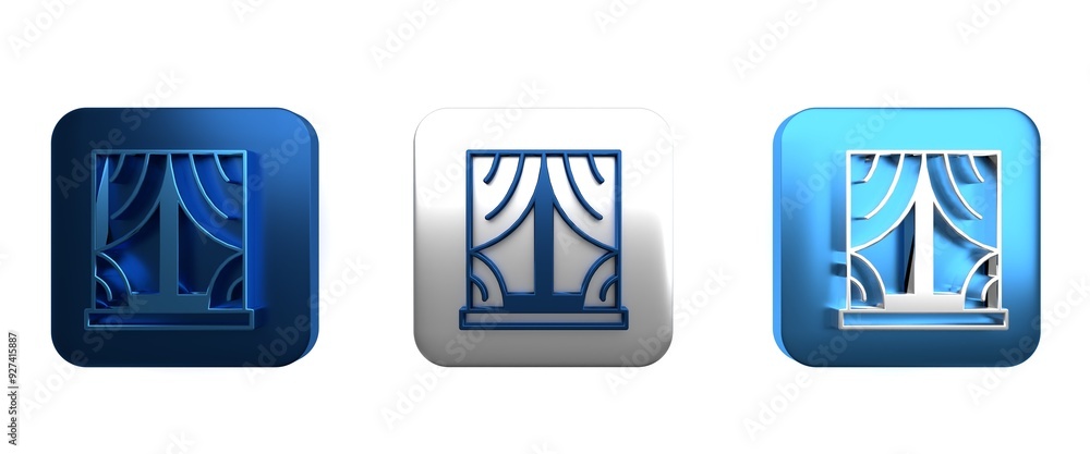 Poster colorful window with curtains in the room icon isolated on white background. square button. 3d rende