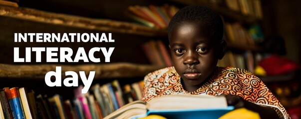 African child reading book celebrating International Literacy Day September 8th with text, education and literature banner