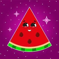 Happy watermelon on purple background in groovy style