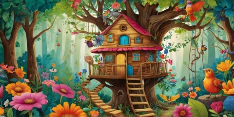 Obraz premium Creative illustration of a whimsical treehouse surrounded by colorful flowers and playful animals in a vibrant forest