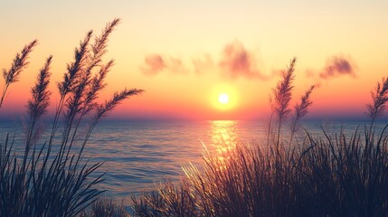 Fototapeta premium Sunset over the sea with wild grasses in the foreground