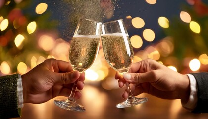 Celebrating New Year Eve With Toasting Champagne Glasses at Midnight in a Festively Decorated Venue