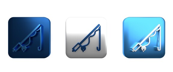 Colorful Fishing rod icon isolated on white background. Catch a big fish. Fishing equipment and fish farming topics. Square button. 3D render illustration