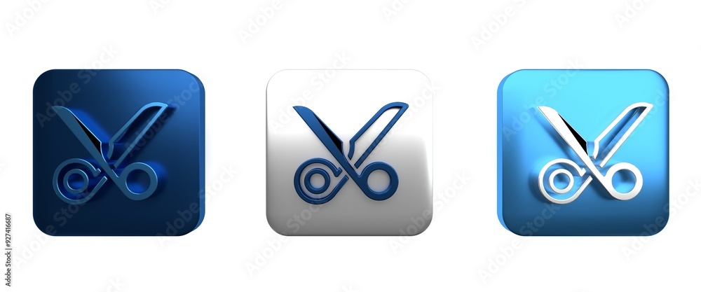 Poster colorful scissors icon isolated on white background. cutting tool sign. square button. 3d render ill