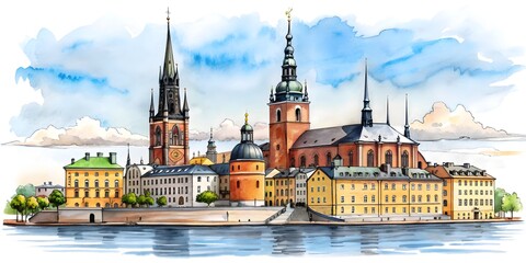 Fototapeta premium Ink sketch of Riddarholmen Church in Stockholm, Sweden, Riddarholmen Church, Stockholm, Sweden, historic, architecture, building