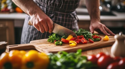Close-up of a Chef Chopping Fresh Vegetables on a Cutting Board