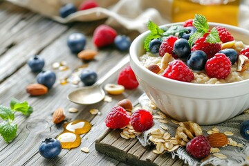 Bowl of oatmeal with fresh berries, nuts, and honey on a rustic wooden table