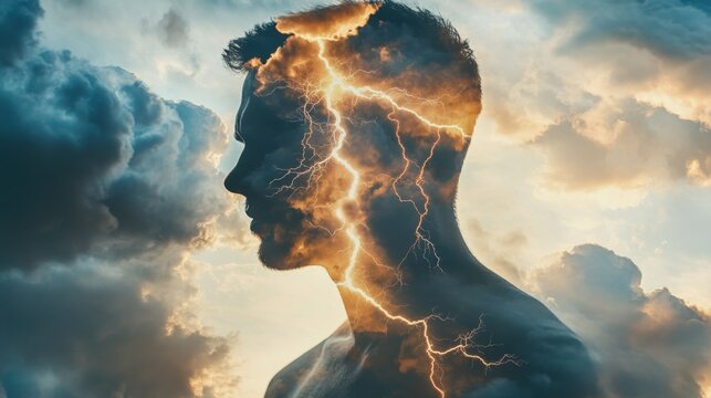 Mindstorm: A man's profile silhouetted against a dramatic sky, his thoughts ablaze with lightning, symbolizing inspiration, mental power, and the storm of creativity. 