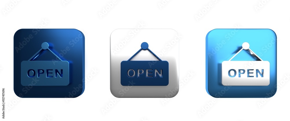 Poster colorful hanging sign with text open door icon isolated on white background. square button. 3d rende