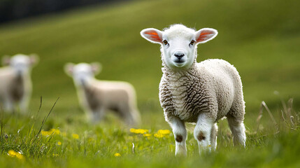 Obraz premium A peaceful scene of a solitary lamb with its family in the distance, surrounded by the idyllic nature of the countryside. Suitable for nature, countryside, and wildlife themes.
