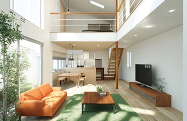 Serene Abode: A Japanese Style Living Room with Double Height Ceiling, Skylight, and Minimalist Elegance