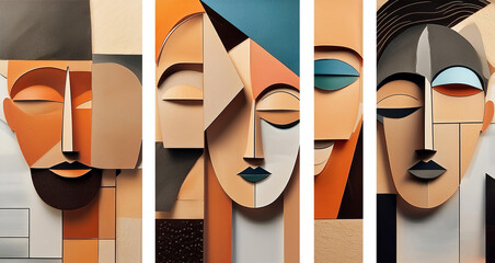 Abstract Geometric Portrait Triptych of Four Faces in Modern Art Style